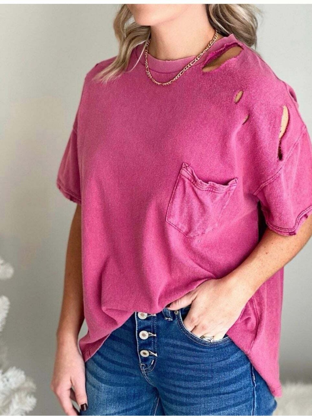Free People Rubi Ripped Pocket Tshirt in Dark Pink